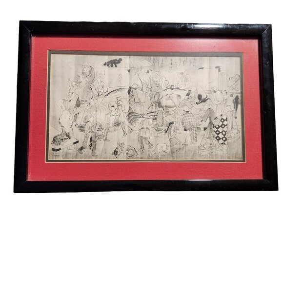Vintage Japanese Woodblock Print InLacquered Black Frame